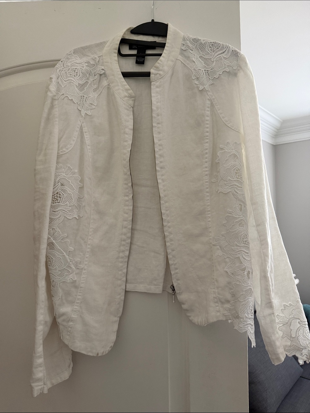 INC International Concepts White Embroidered Open-Front Blazer